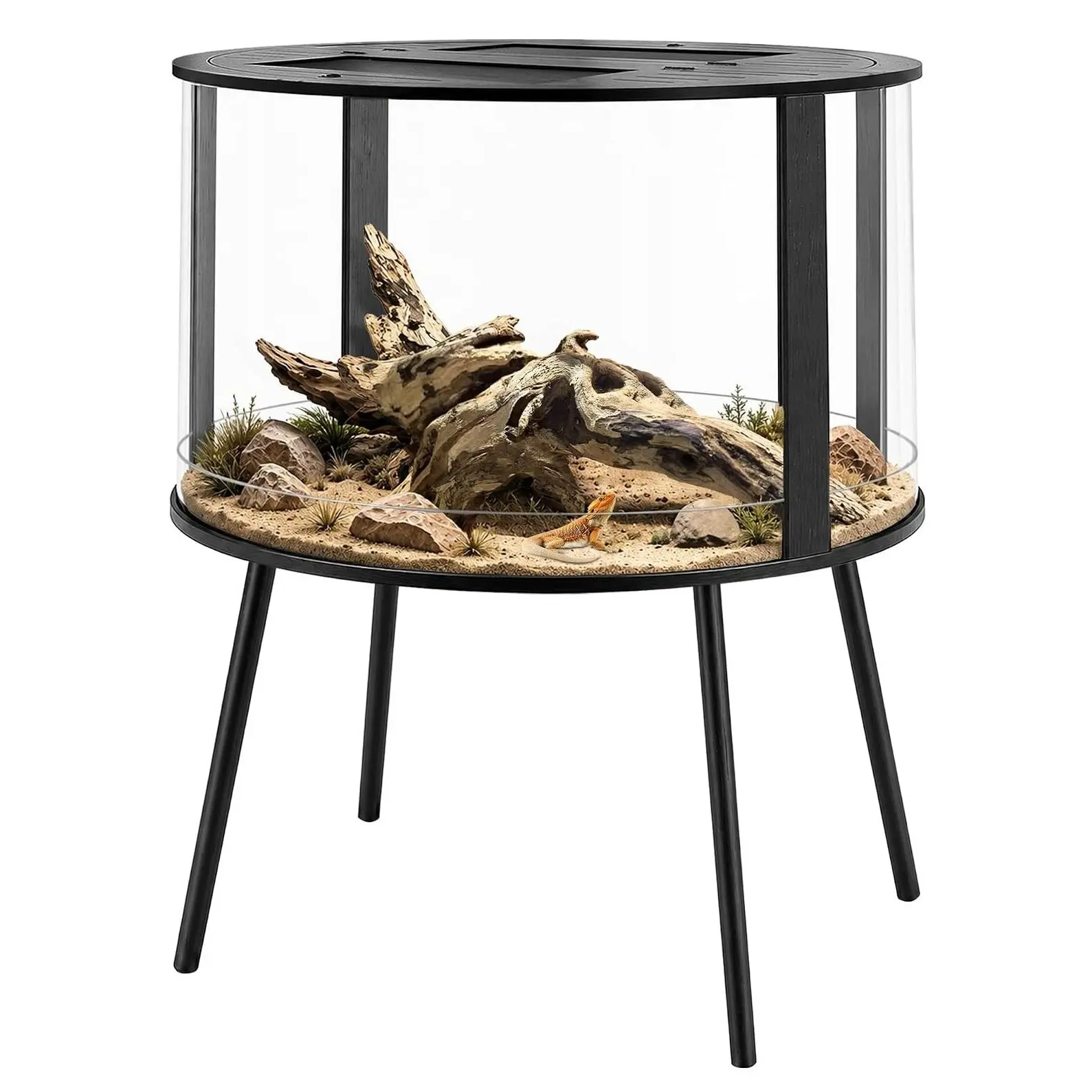130 Gal Bearded Dragon Tank - Round Reptile Enclosure with Stand, 360° Clear View & Mesh Top, Large Terrarium for Chameleon, Gecko