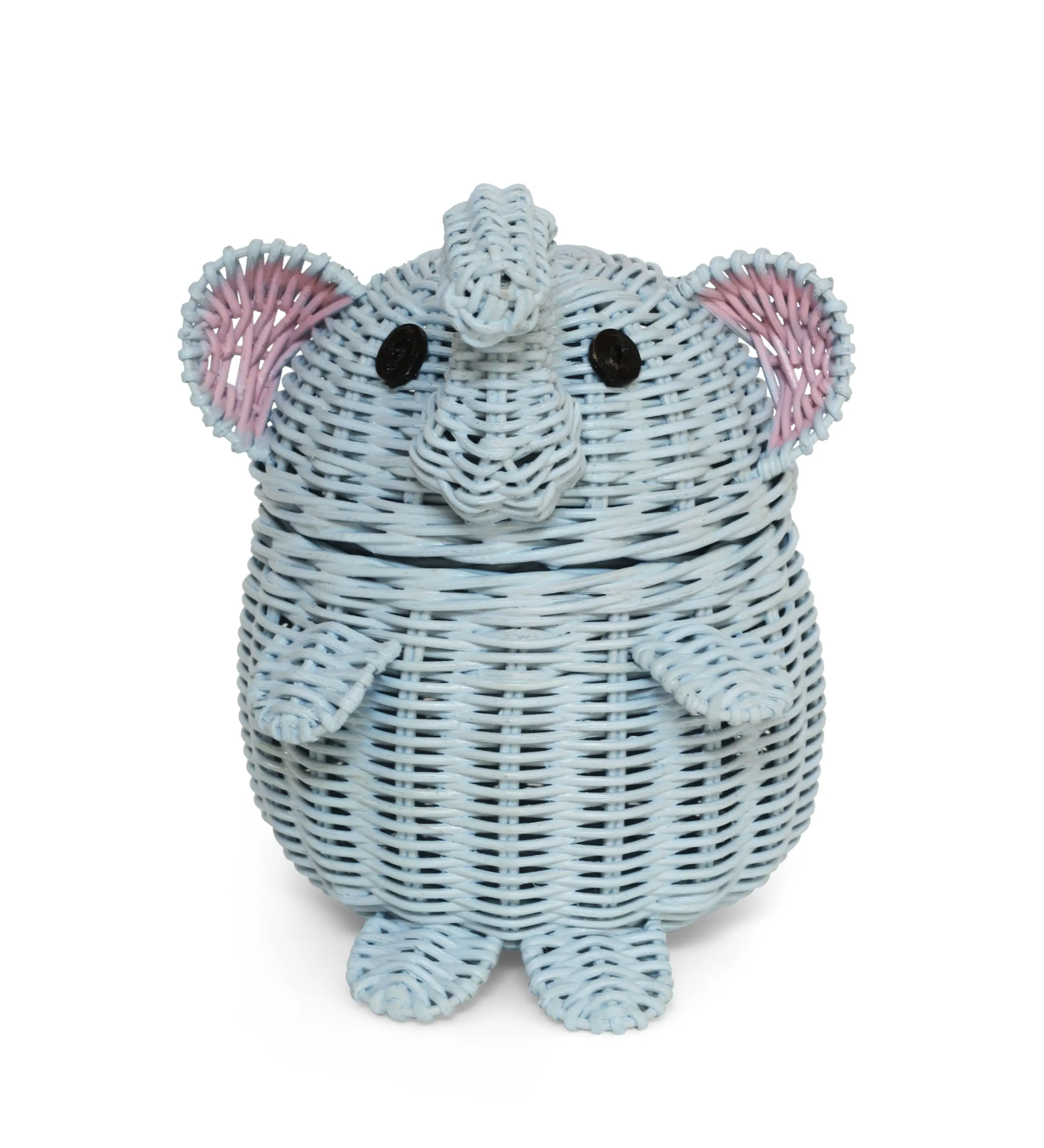 Blue Elephant Rattan Storage Basket With Lid Hand Woven Shelf Organizer Cute Handmade Gift Wicker