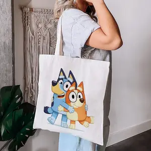 Cartoon Dog Cat B-Bluey Cute Storage Bags Canvas Double-Sided Print Tote Bag Large Capacity Shoulder Students Festive Fashion Eco Outdoor Picnic Travel High Quality Shopping Handbag Machine Washable Foldable Reusable