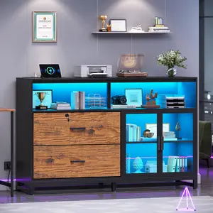 Sedeta 59-Inch Modern File & Display Cabinet with LED Lights, Power Strip, Drawers Organization, Storage Drawer Platform, Wood Build for Home Office (Fits Legal/Letter/A4 Files), File Drawer