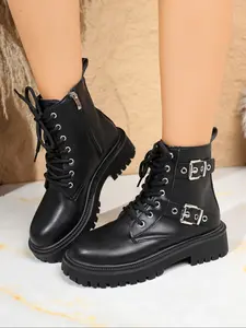 Women's Lace-Up Thick Sole Combat Boots, Metal Buckle Side Zipper, Punk Style Fashion Boots for Trendy, Winter Booties, Ankle Boots