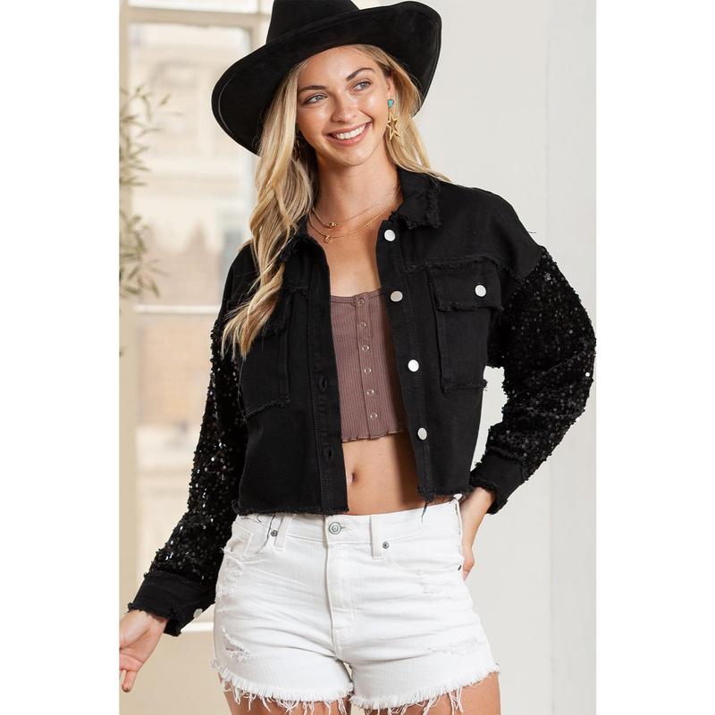 Black Sequin Sleeve Pocketed Raw Hem Denim Jacket