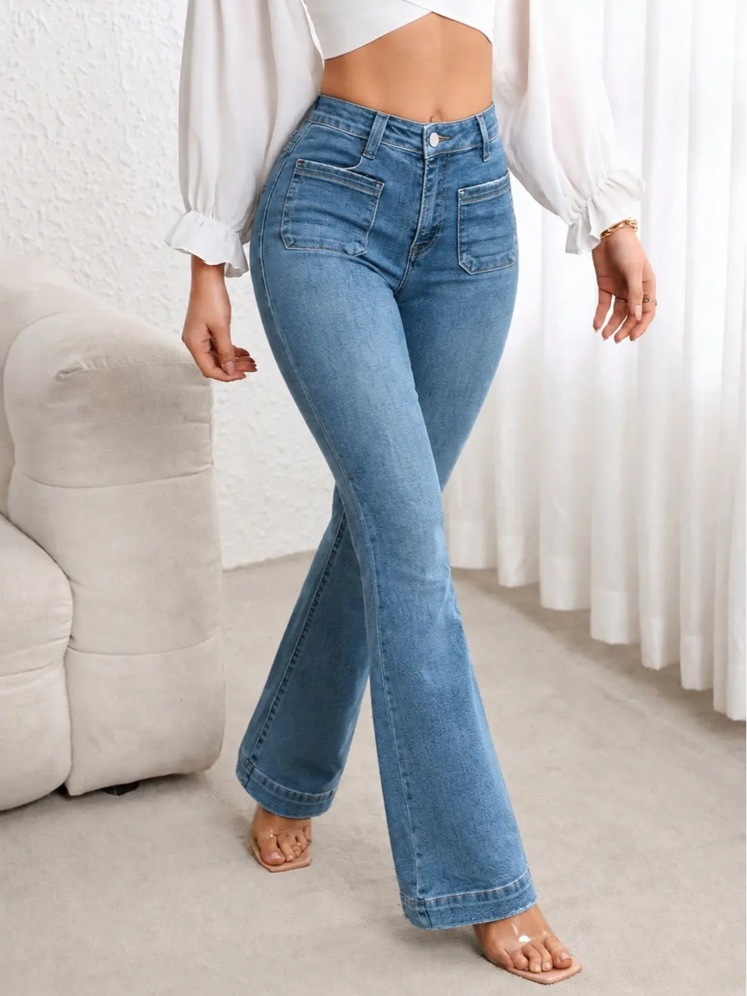 Women's High-Waisted Elastic Micro Flared Jeans - Button Closure, Tight Straight Leg, Fashionable Fit, Womenswear Bottoms