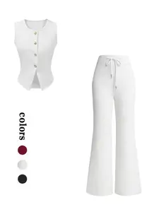 2pcs Striped Sleeveless Fitted Vest with Metal Buttons and Flared Pants, Effortless Casual Style for Work Dates and Shopping, All Seasons Elegant Womenswear