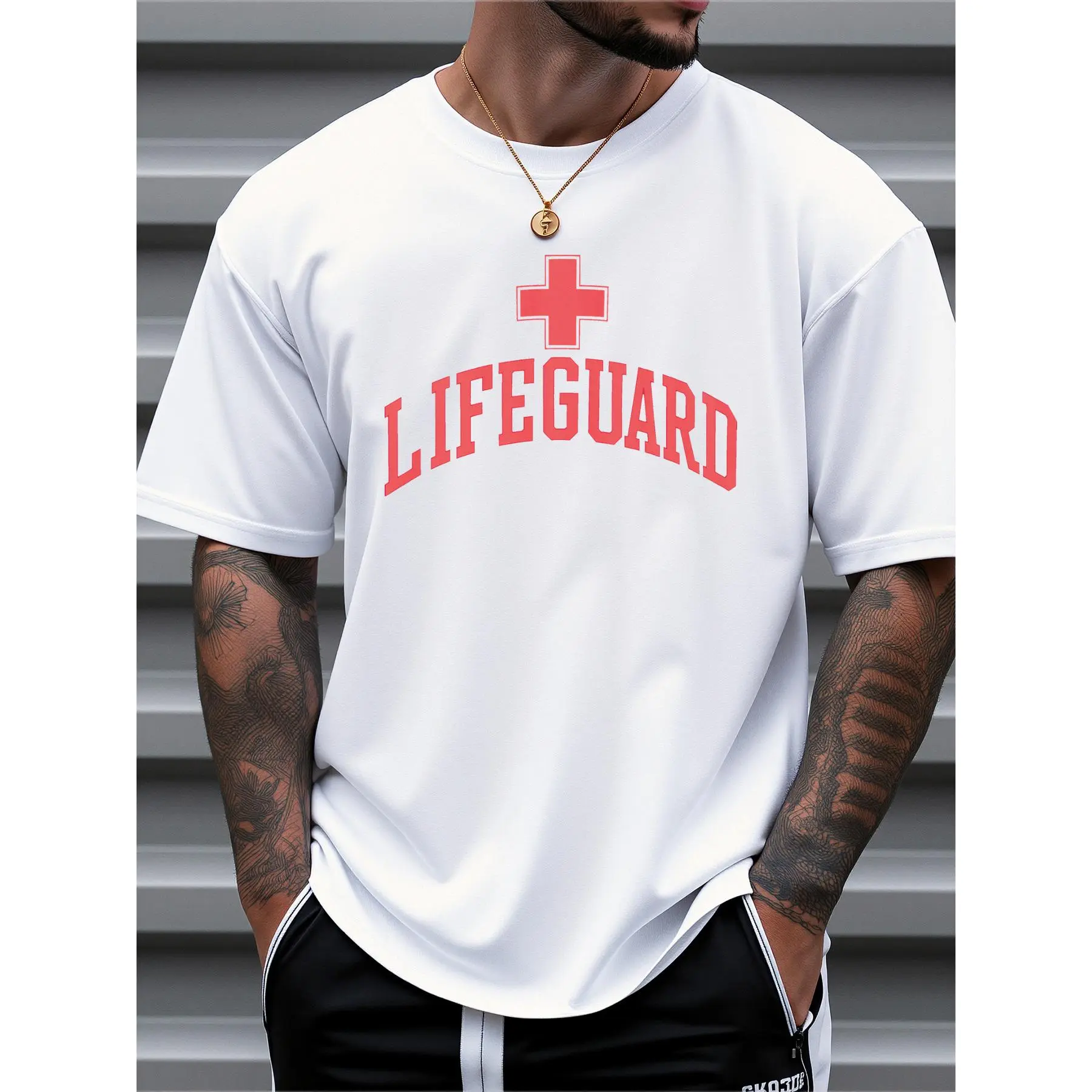 Men's Black Lifeguard Graphic T-Shirt - 100% Cotton Moisture-Wicking Crew Neck Short Sleeve, Bold Red & White Lettering & Cross Design, Regular Fit Casual Summer Shirt for Daily & Outdoor Wear, Breathable Fabric