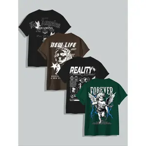 Casual Street Style Fitted T-Shirts Set, Summer Fashion Large Print Tees, Trendy Iron-On Design, Four-Piece for Men & Women