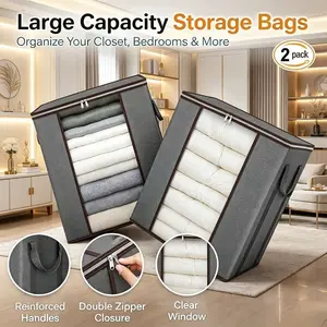 Extra Large Storage Bags for Blankets & Comforters – 120L 2 Pack, Breathable Clothes Storage Containers with Strong Handles, Fits King Comforter Bedding Pillows Sheets, Grey