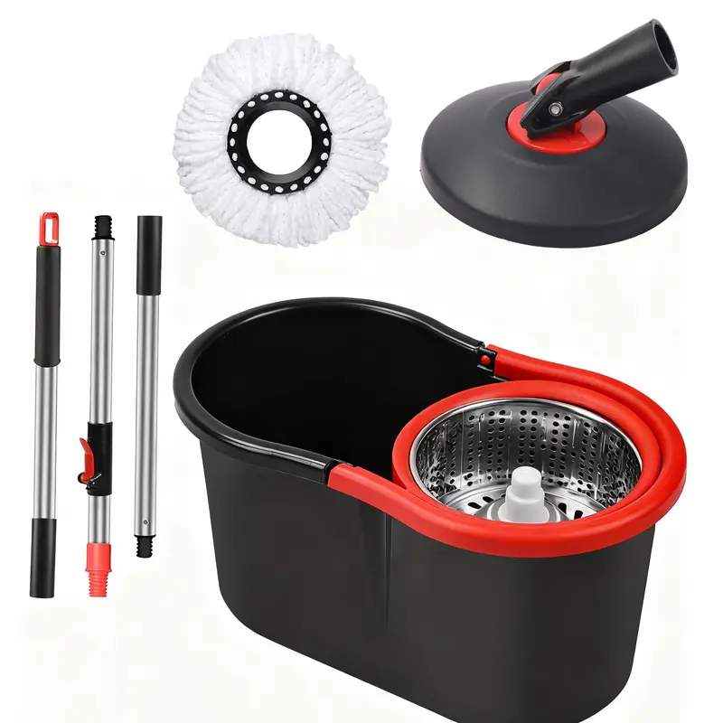 Compact Small Mop and Bucket Set, 3-Section 129cm Stainless Steel Pole, 180° Rotation Mop Head Covers More, Rotatable Base, Fast-Drying Wring System, No Replacement Head, 35x17.5x20.5cm, Box for Homes & Offices