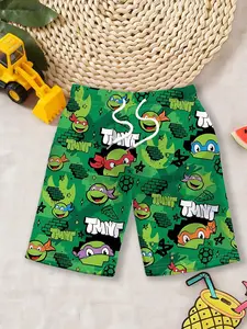 Boys' Beach Shorts "Teenage Mutant Ninja Turtles Cartoon Style" Green-base printed elastic waist shorts, skin-friendly, quick-drying and non-stuffy, suitable for seaside splashing, pool playing and summer outings with varied looks