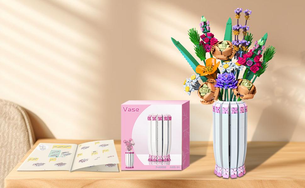 TENHORSES Pink Vase for Lego Flower Bouquet Building Decoration Set and Artificial Flowers, Ideal for Valentine's Day Gifts for Girls Box Decorative Colorful Fruit Plants Ornaments