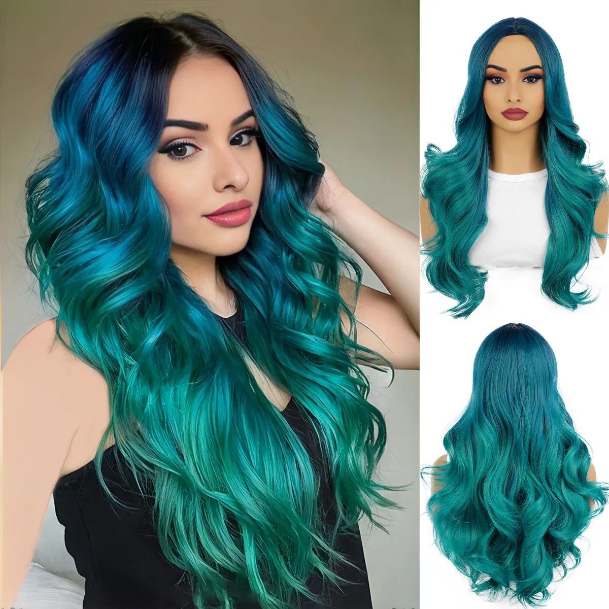 Woolook Synthetic Full Machine Wig - 22-Inch Teal Wavy Bob, Soft Lightweight Wear Wave Pattern Synthetic Hair, Heat-Resistant Fiber, Easy Brush Reset, Adjustable Breathable for Parties Dances