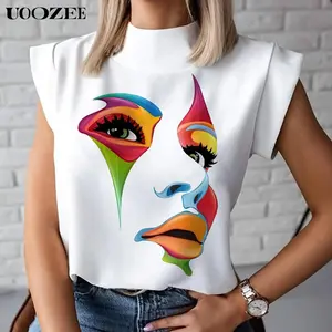 UOOZEE-LIVE Women's Polyester Graphic Tee - 3D Human Face Print, Cap-Sleeve, Mock Neck, Loose Fit, Breathable, Comfortable for Everyday Casual Wear