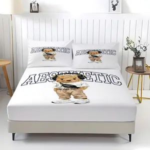 Retro Preppy Style Cute Teddy Bear Fitted Sheet Set, 1 Fitted Sheet with 2 Pillowcases, All-Season Bedding for Bedroom, Dorm & Guest Room, Decor for Teens & Boys