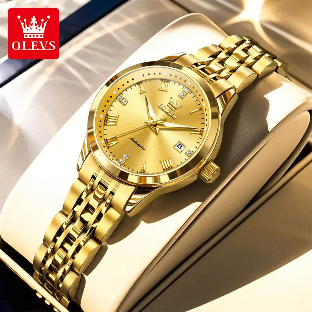 OLEVS 7062 Women Automatic Self-Winding Mechanical Wrist Watch, Sun-burst Zircon Decor Dial, Luminous Hands Date Calendar Window, Daily Water Resistant Stainless Steel Bracelet Fashion Watch, Gift for Women Birthday Anniversary