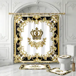 4Pcs Shower Curtain Set Gold Crown, Baroque Frame, Black White, Bathroom Sets with Rugs, Christmas Halloween Thanksgiving, Bathroom Decor, Luxurious Gold Crown With Intricate Baroque Frame On Black And White Background