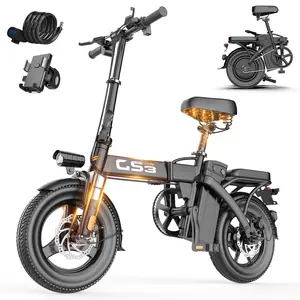 [GS3]Comfortable E-Bike with Dual-Seat,6 Shock Absorbers, Full Suspension, Double Disc Brake, 48V 15Ah Detachable Battery, 740W Peak Power, 30Miles Range, 14” Fat Tires, Max Load 300Lbs, Safe & Stable Ride for Adults & Students
