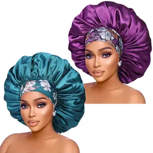 Silk Satin Bonnet Hair Cap: 2pcs 17inch iameter Extra Large Jumbo Sleeping Satin Bonnets with Comfortable Flower Band - High ensity Bonnets for Women Braids Curly Night Cap (Purple & Teal)