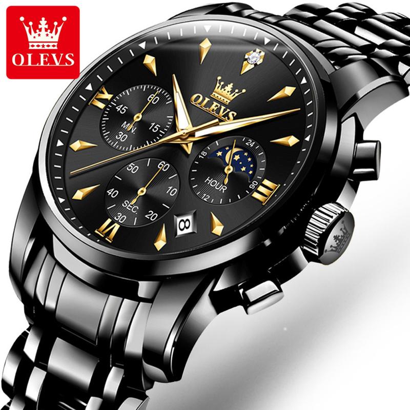 OLEVS Men's Chronograph Casual Trendy Wristwatch - Stainless Steel, Scratch-Resistant, 3ATM Water Guard (30m), Luminous Hands, Date Window, 2-Tone Gold Shine - Ideal Business Dress Fashion Accessory, Waterproof Wrist Watch