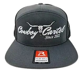 Cowboy Cartel High Quality Direct Embroidered 7 Panel Flat Bill Richardson Hat Cap Black