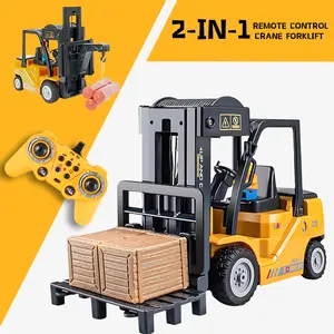 2-in-1 Remote Control Forklift Crane Toy - RC Construction Truck with Light & Sound, Liftable Fork & Hook, Rechargeable Engineering Vehicle for Kids