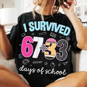 T-shirt with the message: I've completed 100 days of school, I've completed 67 days of school, 67 days, 33 days of school. Gifts for teachers and students, celebrating the 100th day of the school year.