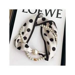 Magnetic buckle pearl necklace narrow long silk scarf women& # 39;s spring, autumn and summer neck gaiter neck shirt gauze scarf thin scarf