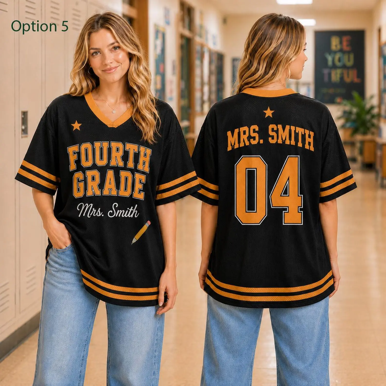 Personalized 4th Grade Teacher Jersey, Custom Name Number Mesh Shirt, Black Gold Game Day Outfit, Back to School Team Gift