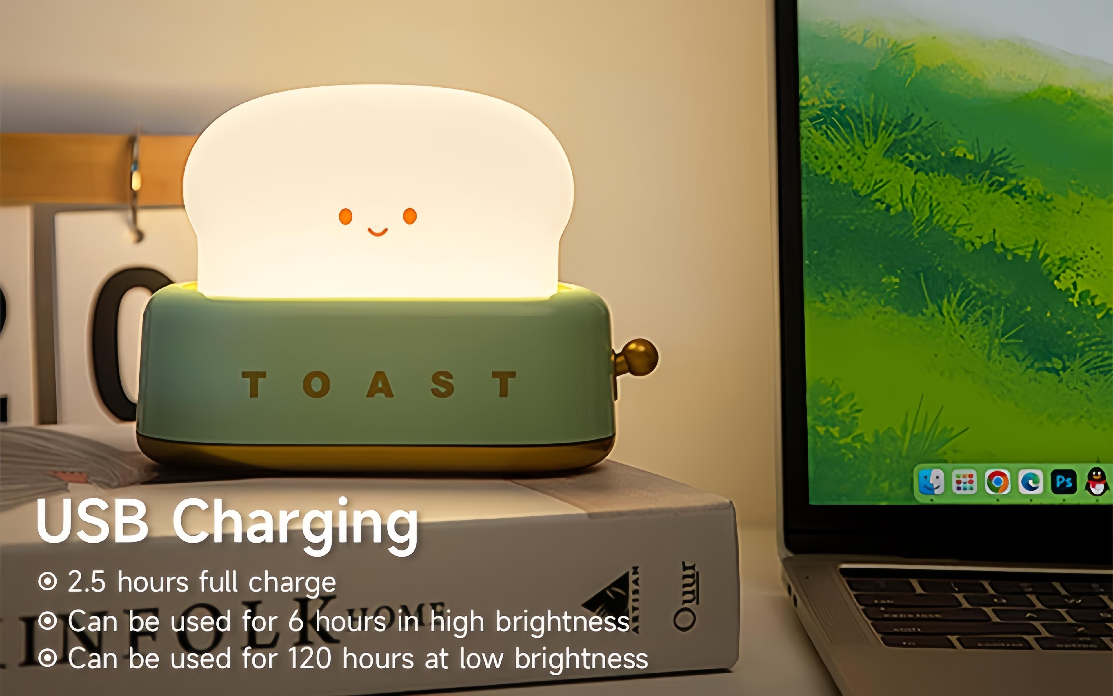 Cordless Rechargeable Kawaii Whimsical Aesthetic Toaster Lamp with Smile Face Toast Bread Design - Room Decor, Mood Lighting for Bedroom Bedside, Desk, College Dorm, Kids Room Gift, Electronic Lights, Family
