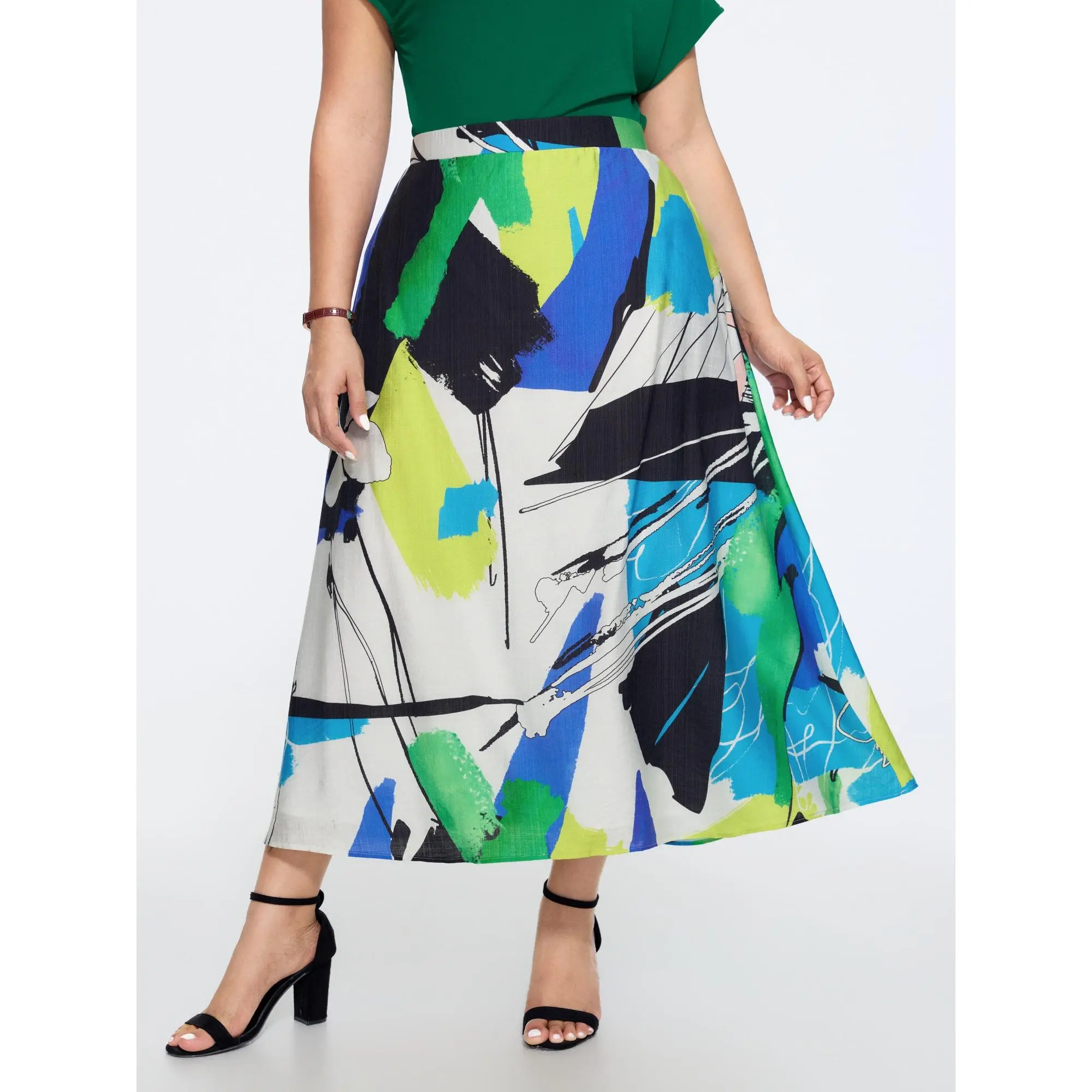 BLOOMCHIC Women's Plus Size Abstract Art Print Elastic Waist Midi Skirt - Smooth Nylon Fabric, Pocketed Garment, Size M-6X, 2026 Summerfinds
