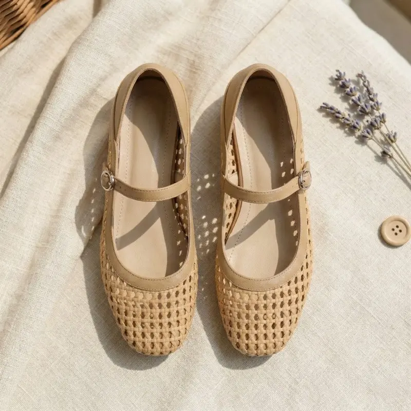 Yasho Women’s Woven Mary Jane Flats - 2-in-1 Convertible Slip-On Mules, Breathable Braided Loafers with Adjustable Strap for Spring & Summer