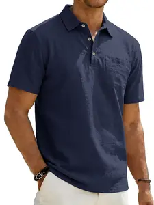 Men's Linen Cotton Round Neck Polo Shirt, Short Sleeve Button-Up Collar Chest Pocket Casual Top, Summer Breathable Golf Shirt (multiple Colors)