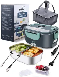 Electric Lunch Box 80W Food Heater for Adults,  Upgraded Heated Lunch Box for Car/Truck/Office with SS Fork&Spoon and Insulated Carry Bag (Green)