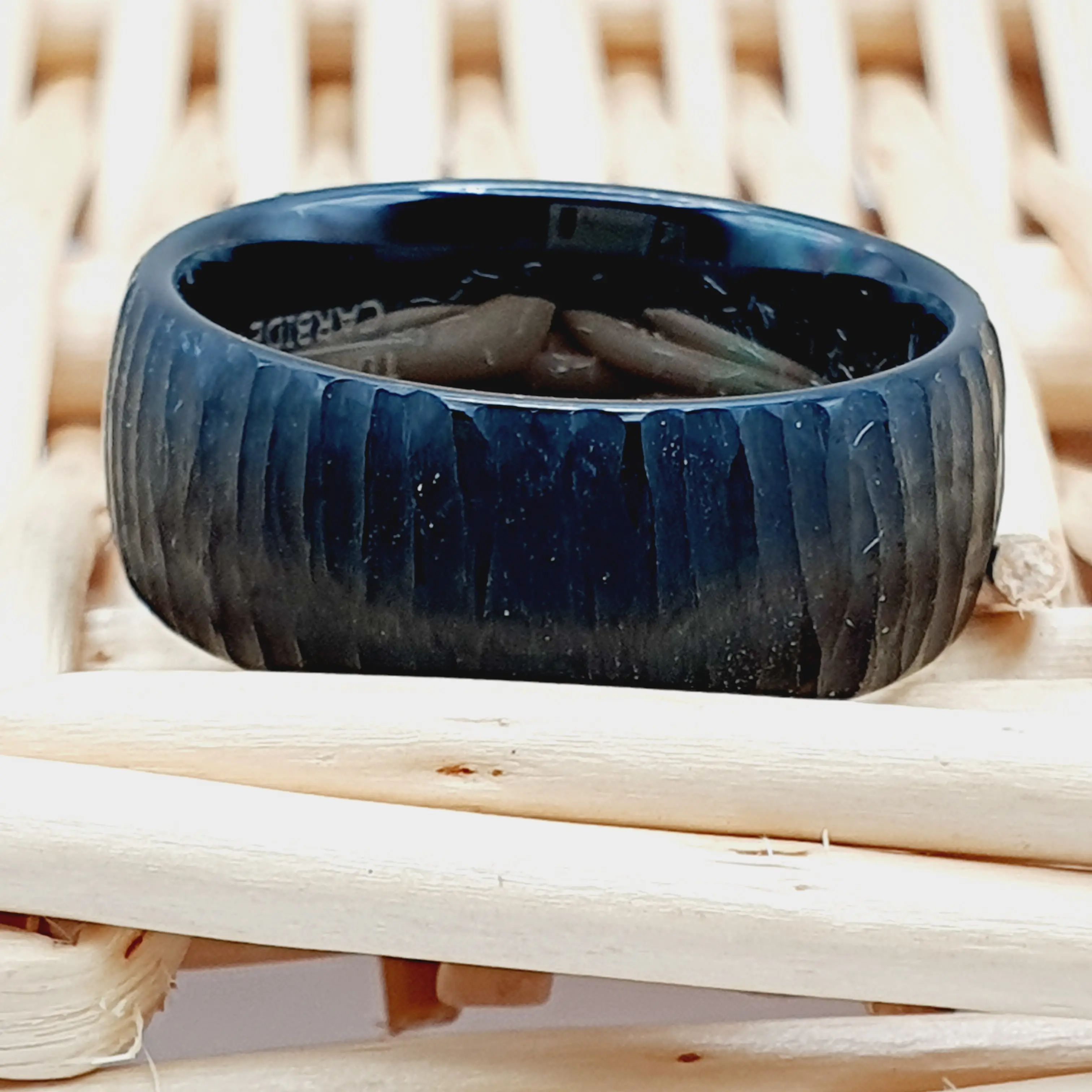 Custom  Personalized Tungsten Wedding Band for Men and Women, 8MM Black Semi Domed Ring with Tree Bark Carved Textured Finish