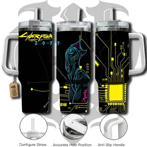 HardTimesMerch - Cyberpunk 2077 #2 40oz Handle Tumbler Stainless Steel Travel Mug, Game Inspired Vacuum Insulated Cup, Large Iced Coffee Tumbler, Manga Fighter Drinkware, Gamer Gift for Him Her