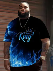 Men's Plus Size Graphic T-Shirt, Bold Blue Flame Print, Breathable Elastic Knit Top, Casual Street Style, Summer Daily Wear