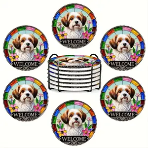 6PC round ceramic coasters, cute dog theme, high temperature resistant and non-slip, exquisite home and restaurant decoration, suitable for sideboards, home decor and parties, perfect restaurant gift ideas, housewarming gift