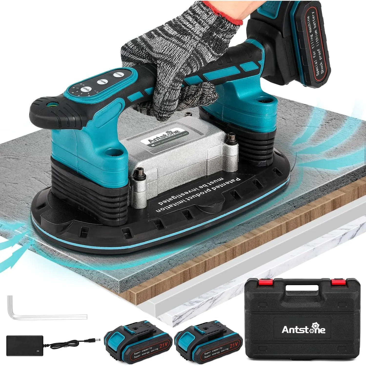 Tile Vibration Tool 283mm Suction Cup 400kg Adsorption Handheld Tile Installation Leveling Machine Tile Vibrator Tool for Tiling Leveling Laying Max.28000r/Min 6 Speeds 12500mAh
