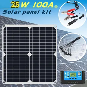 25W 18V Monocrystalline Portable Solar Panel (330 x 360 x 2.5mm, -40°C to +85°C) – 12V Battery Charger with 100A Controller Included, 2 Carabiners, Suction Cups & Car Charger