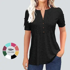 Imily Bela Womens Zipper V Neck T Shirt Summer Short Sleeve Pleated Button Solid Casual Top