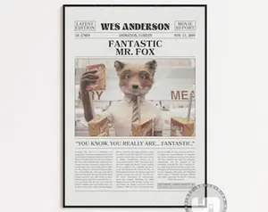 Fantastic Mr. Fox Poster, Wes Anderson, Retro Newspaper Movie Poster, Black White Wall Art, Vintage Retro Art Print