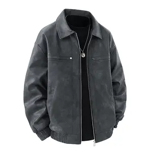 Men’s faux suede aviator jacket — turn-down collar zip cargo jacket, retro casual trucker style streetwear outerwear for spring/autumn