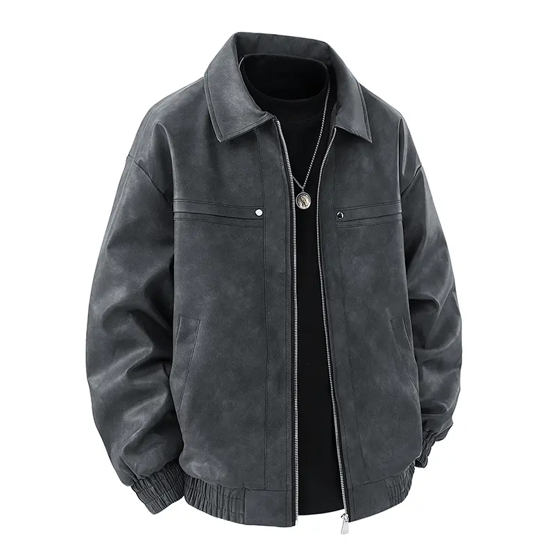 Men’s Faux Suede Aviator Coat - Long Sleeve Turn-Down Collar Zip Cargo Jacket, Classic Plain Stylish Retro Casual Trucker Streetwear Outerwear for Spring/Autumn