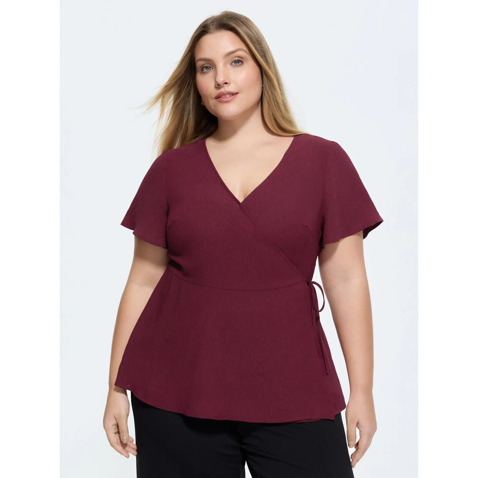 BLOOMCHIC Women's Plus Size Curvy Clothing Ruffled Short Sleeve Blouse - Stretchy Waist, Side-Tie, Smooth Polyester Fabric Shirts [M-6X] 2026 Summer Deals, Short Sleeves, Side Tie Waist, Plus Size Tops, Garment, Shortsleeve, Curvy Plus Size Clothes 2026