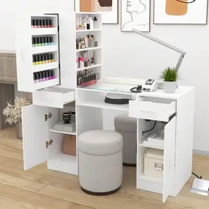 Manicure Table Nail Desk For Nail Tech, Multifunctional Nail Table Beauty Salon Station With Power Outlet,Large Storage Makeup Table With A Glass Countertop,With Manicure Hand Cushion Pillow Pad,Dressing Table,Vanity Table,Bedroom Furniture,