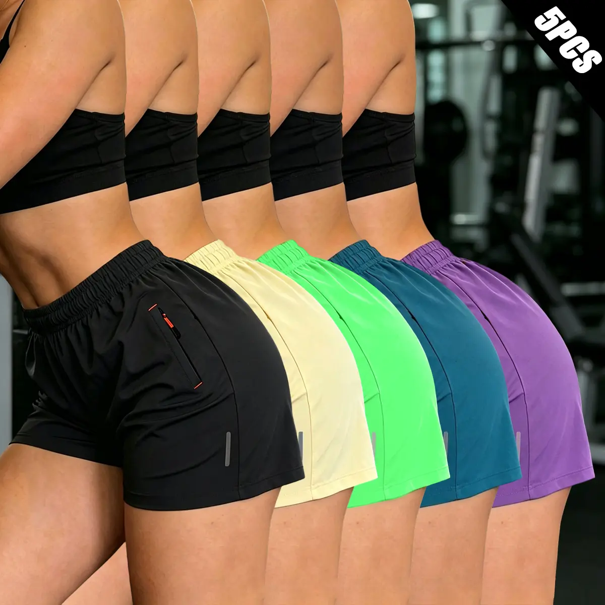 Pack of 5 women’s quick-dry athletic shorts with an elastic waistband, zippered pockets, reflective details, breathable fabric, moisture-wicking performance, and squat protection—suitable for the gym, running, yoga, everyday workouts, and summer sports.
