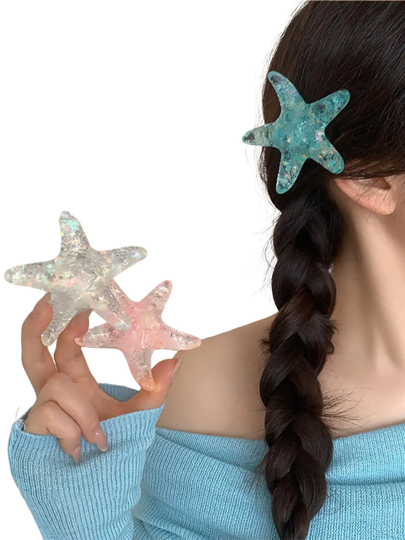 Bohemian style 3-piece starfish sequin semi-transparent hairpin set, women's beach vacation, Tropical hair accessories, sandy ocean style to decorate bangs and broken hair, suitable for parties, outings, commuting, and gifts, Boho Hair Accessories