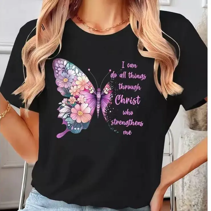 Black Unisex Tee with 'I Can Do All Things Through Christ' and Butterfly Art
