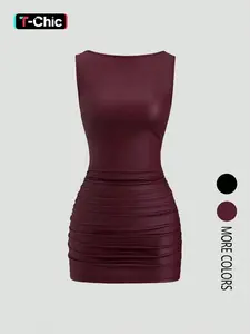 2026 Women's Solid Color Slim-fit Sleeveless Faux Leather Dress, Elastic Waist Sexy Dress