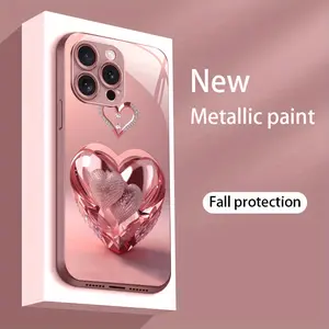 Pink Diamond Heart Pattern Pink Metallic Paint Tempered Glass Hard Phone Case Suitable for iPhone 16/16 Pro/16 Plus/16 Pro Max/15/15 Pro/15 Pro Max/14/14 Pro/14 Plus/14 Pro Max/13/13 Pro/13 Pro Max/13 Mini/12/11/XR/XS/X/7 High-end Simple Creative Personal