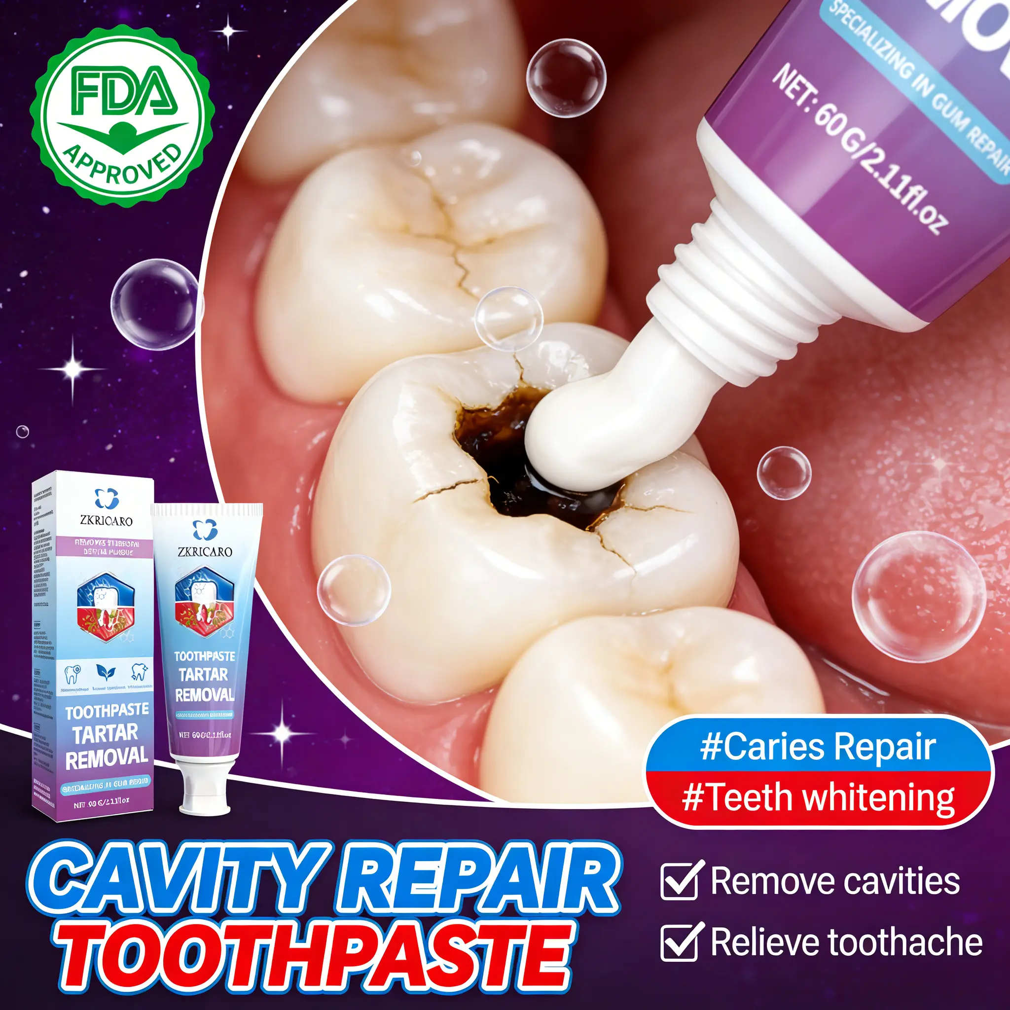 ZKRICARO FDA-Certified Anti-Cavity Repair Toothpaste with Chamomile, Tea Tree & Peppermint - Cavity, Plaque & Tartar Removal, Teeth Whitening, Sensitive Teeth Relief, Enamel Strengthening, Gentle Long-Lasting Oral Care